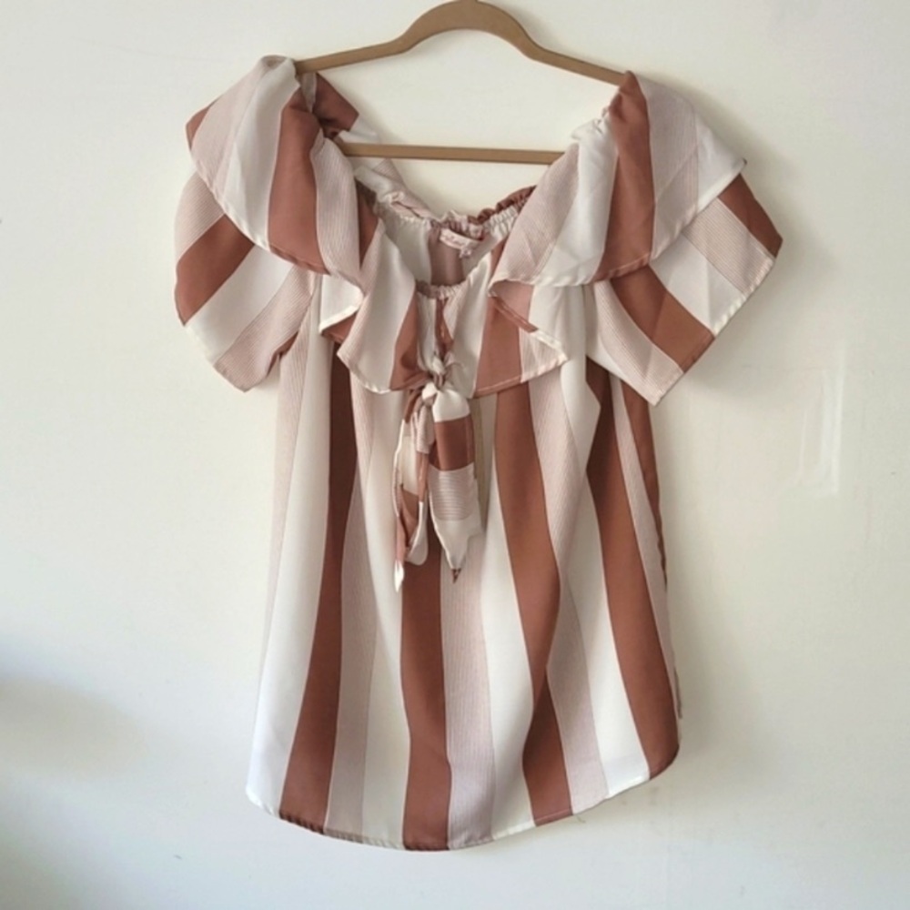 Willow & Root Women’s  Striped Ruffle Blouse - Brown and White Size XL